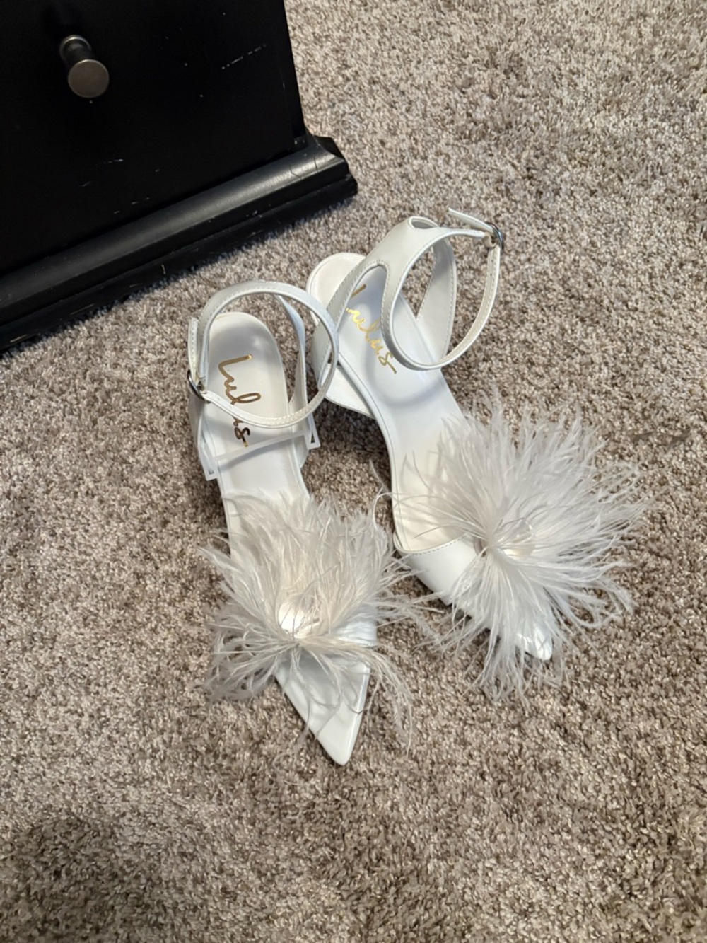 Lulu's White Feathered Pointed-Toe Ankle Strap Heels